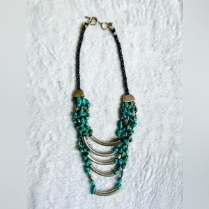 Turquoise, silver, beaded leather braided necklace, blue / black / silver